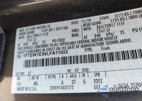 2020 Ford F-150 Xlt из США, поврежденный, VIN 1FTEW1E58LFA11022